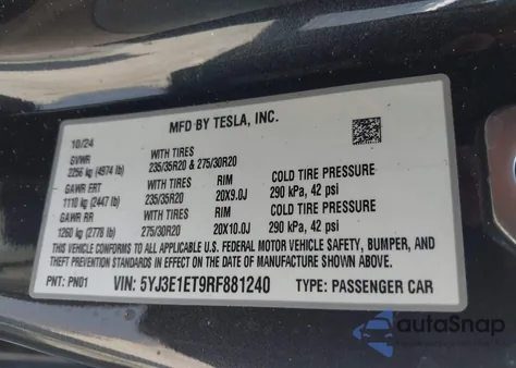 2024 Tesla Model 3 Performance All-Wheel Drive из США, поврежденный, VIN 5YJ3E1ET9RF881240